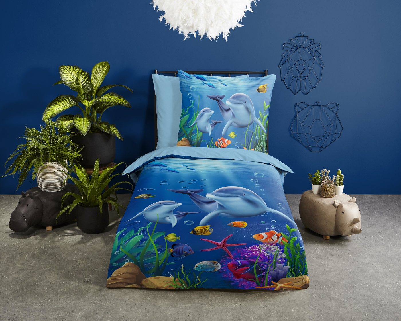 PURE luxury collection Kinderbettwäsche Mare, Microfaser, 2 teilig, Mikrofaser, 135x200, Pflegeleicht, Wendeoptik, Kind, Delfin Meer, Blau – Bild 2 von 5