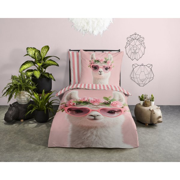 PURE luxury collection Kinderbettwäsche Moni, Microfaser, 2 teilig, Mikrofaser, 135x200, 2 Teilig, Wendeoptik, Kind, Mädchen, Lama, Rosa