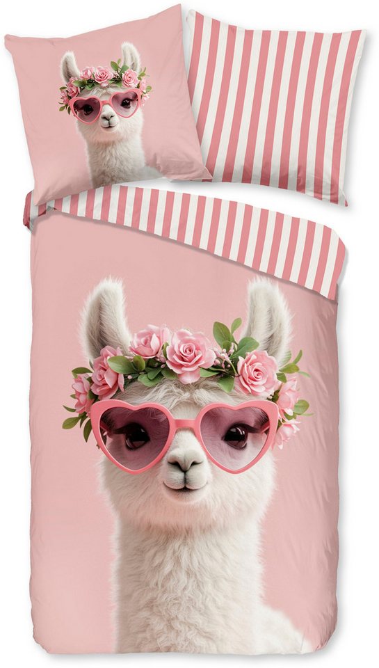 PURE luxury collection Kinderbettwäsche Moni, Microfaser, 2 teilig, Mikrofaser, 135x200, 2 Teilig, Wendeoptik, Kind, Mädchen, Lama, Rosa – Bild 2 von 5