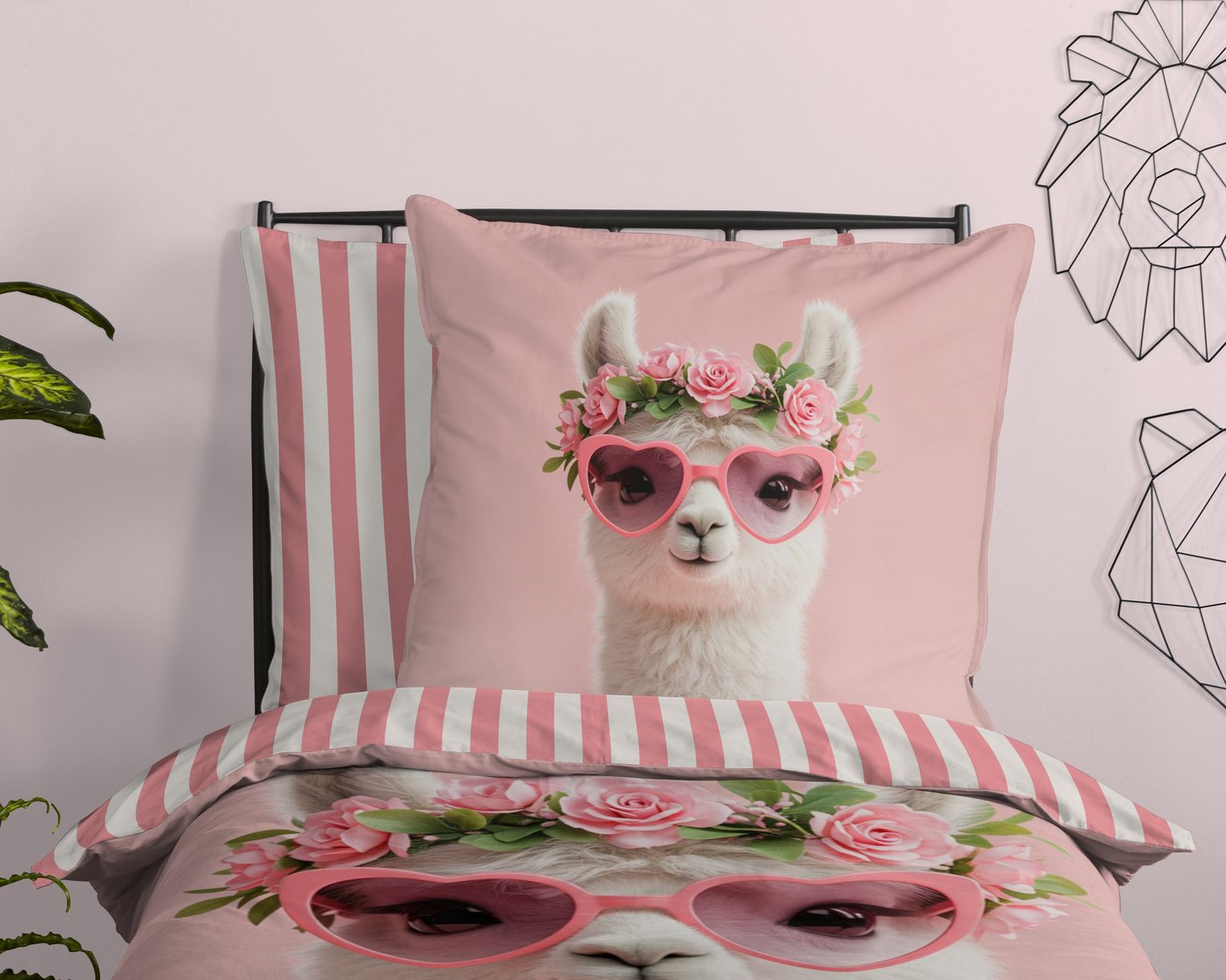 PURE luxury collection Kinderbettwäsche Moni, Microfaser, 2 teilig, Mikrofaser, 135x200, 2 Teilig, Wendeoptik, Kind, Mädchen, Lama, Rosa – Bild 3 von 5