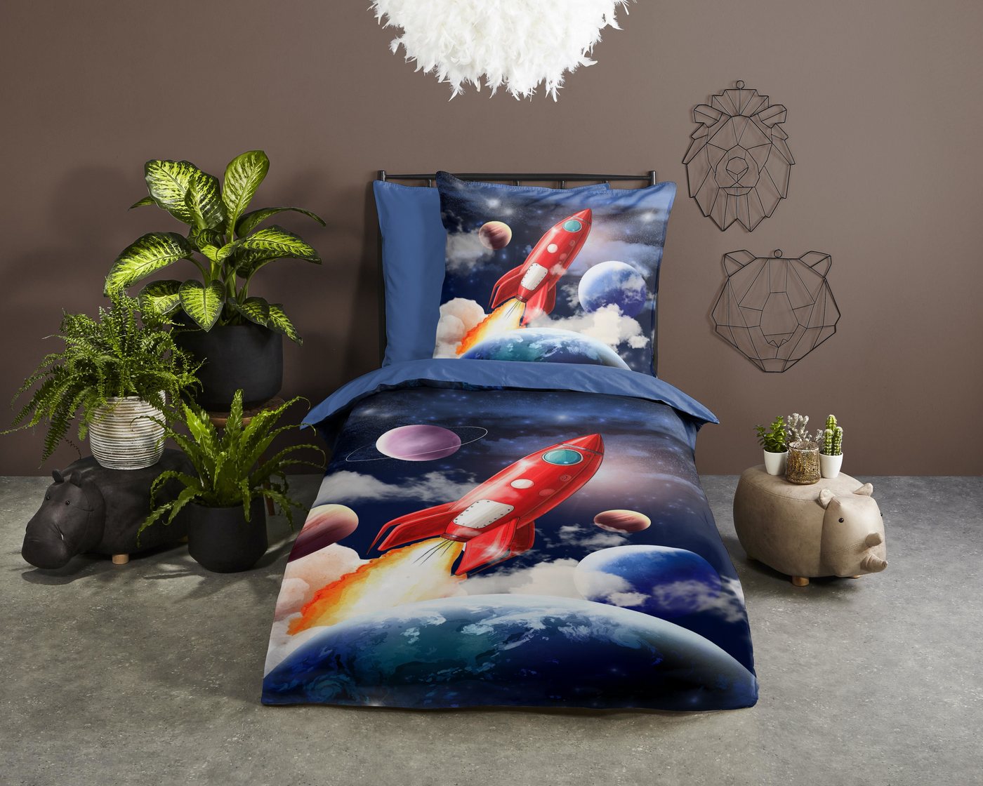 PURE luxury collection Kinderbettwäsche Rocket, Microfaser, 2 teilig, Mikrofaser, 135x200, Wende, Kind, Junge, Rakete Weltraum Weltall, Blau – Bild 2 von 5