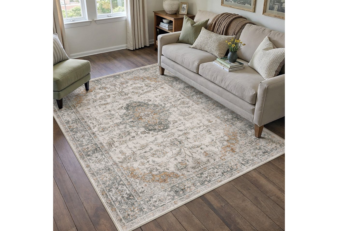 PURECOZY Teppich Kurzflor, Vintage Boho Teppich, rutschfest und pflegeleicht, rechteckig, Höhe: 5 mm, geeignet für verschiedene Innenräume, 300×400 cm – Bild 3 von 5
