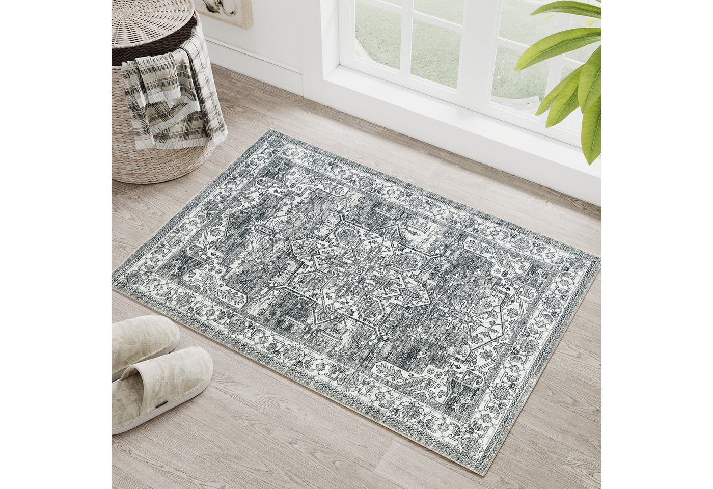 PURECOZY Teppich Kurzflor, Vintage Stil Teppich, rutschfest und pflegeleicht, rechteckig, Höhe: 6.1 mm, geeignet für verschiedene Innenräume – Bild 2 von 5