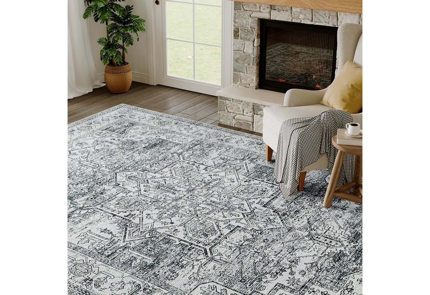 PURECOZY Teppich Kurzflor, Vintage Stil Teppich, rutschfest und pflegeleicht, rechteckig, Höhe: 6.1 mm, geeignet für verschiedene Innenräume – Bild 3 von 5