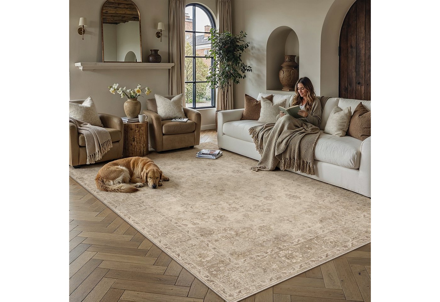 PURECOZY Teppich Kurzflor, Vintage Boho Teppich, rutschfest und pflegeleicht, rechteckig, Höhe: 5 mm, geeignet für verschiedene Innenräume, 300×400 cm – Bild 4 von 5