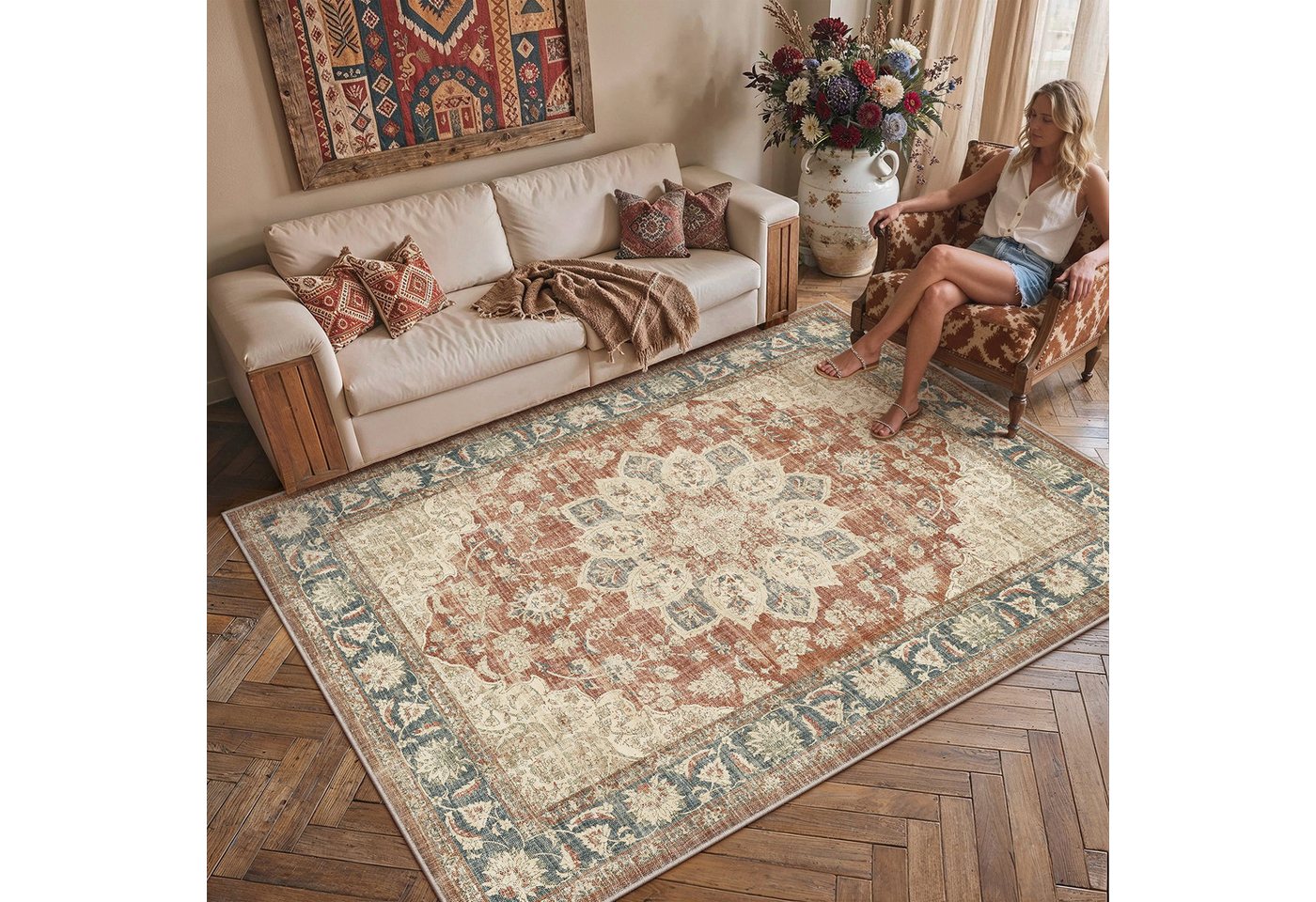 PURECOZY Teppich Kurzflor Perserteppich, waschbar, rutschfest, weich & kuschelig, Rechteckig, Höhe: 5 mm, 120×180, 160×230, 200×300, 300×400 cm, geeignet für di – Bild 2 von 5