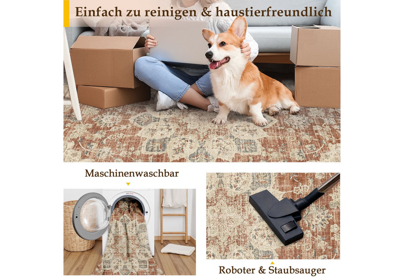 PURECOZY Teppich Kurzflor Perserteppich, waschbar, rutschfest, weich & kuschelig, Rechteckig, Höhe: 5 mm, 120×180, 160×230, 200×300, 300×400 cm, geeignet für di – Bild 5 von 5