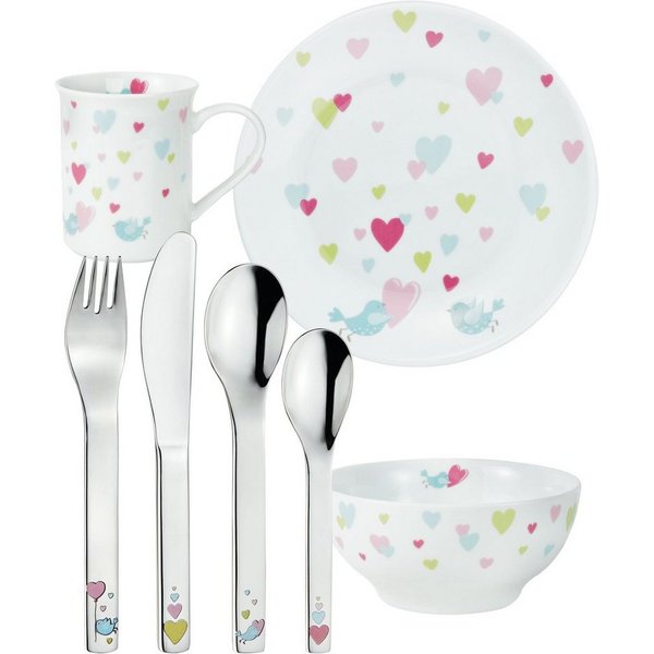 PURESIGNS Kindergeschirr-Set CORA (7-tlg), 1 Personen, Edelstahl 18/10, Porzellan, Plastikfreier Essgenuss für die Kleinen