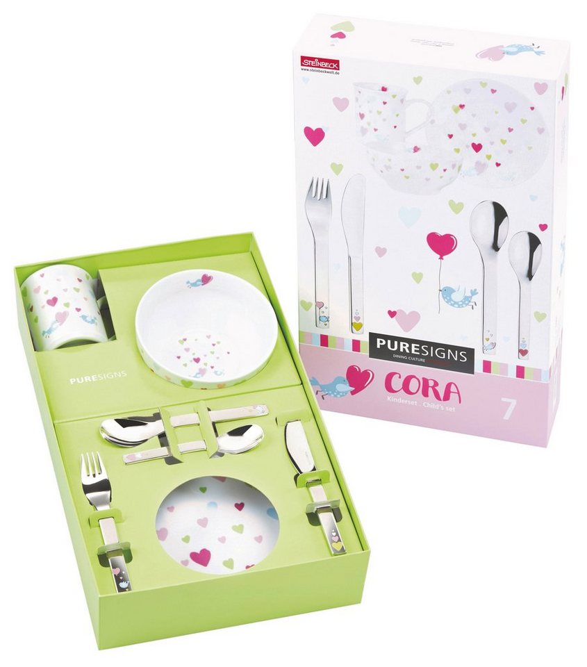PURESIGNS Kindergeschirr-Set CORA (7-tlg), 1 Personen, Edelstahl 18/10, Porzellan, Plastikfreier Essgenuss für die Kleinen – Bild 2 von 4
