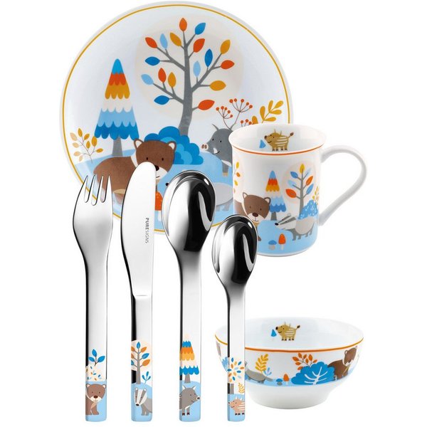 PURESIGNS Kindergeschirr-Set FRIENDS (7-tlg), 1 Personen, Edelstahl 18/10, Porzellan, Plastikfreier Essgenuss für die Kleinen