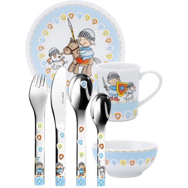 PURESIGNS Kindergeschirr-Set MIKO (7-tlg), 1 Personen, Edelstahl 18/10, Porzellan, Plastikfreier Essgenuss für die Kleinen