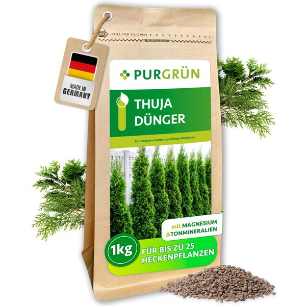 Purgrün Gartendünger Thuja Dünger, NPK 9+4+8, für sattgrüne, dichte Hecken, 1 kg, Granulat, 1-St., 1 kg