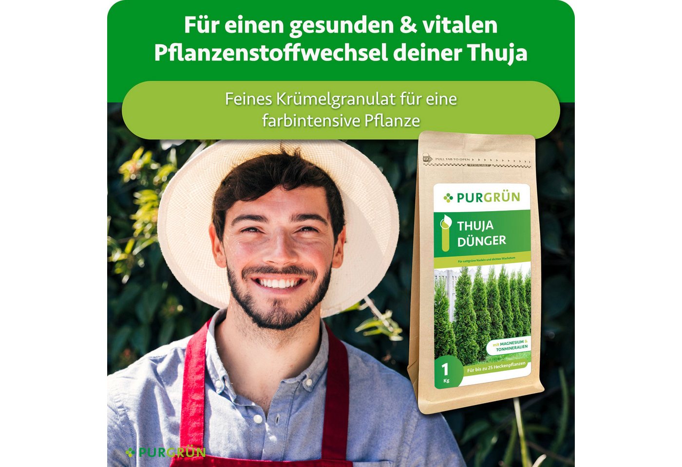 Purgrün Gartendünger Thuja Dünger, NPK 9+4+8, für sattgrüne, dichte Hecken, 1 kg, Granulat, 1-St., 1 kg – Bild 2 von 5