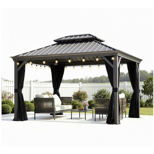 PURPLE LEAF Pavillon Hardtop Alu Gartenpavillon mit Seitenteilen und LED Lichterketten, Winterfester und wasserdichter Pavillon