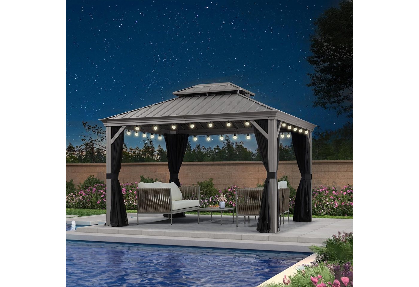 PURPLE LEAF Pavillon Hardtop Alu Gartenpavillon mit Seitenteilen und LED Lichterketten, Winterfester und wasserdichter Pavillon – Bild 4 von 5