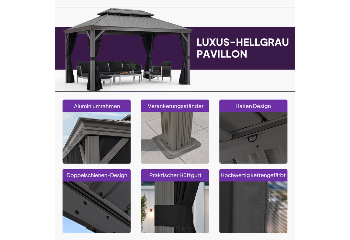 PURPLE LEAF Pavillon Hardtop Alu Gartenpavillon mit Seitenteilen und LED Lichterketten, Winterfester und wasserdichter Pavillon – Bild 5 von 5