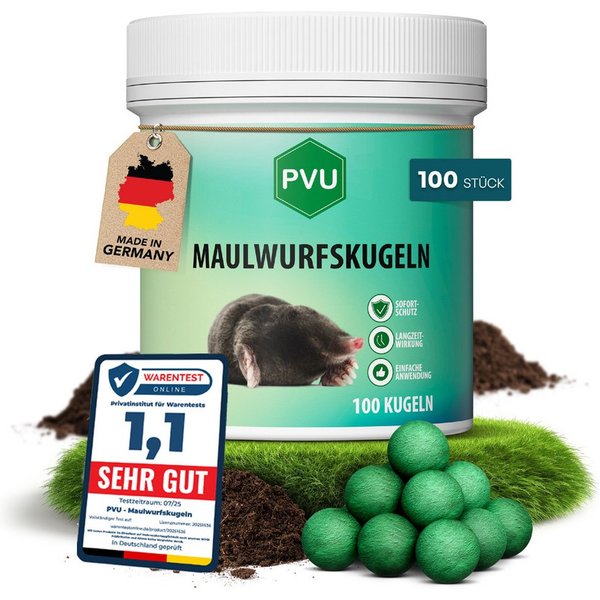 PVU Vergrämungsmittel Maulwurfkugeln, Maulwürfe vertreiben, MADE IN GERMANY, 100-St., MAULWURF VERTREIBER MADE IN GERMANY