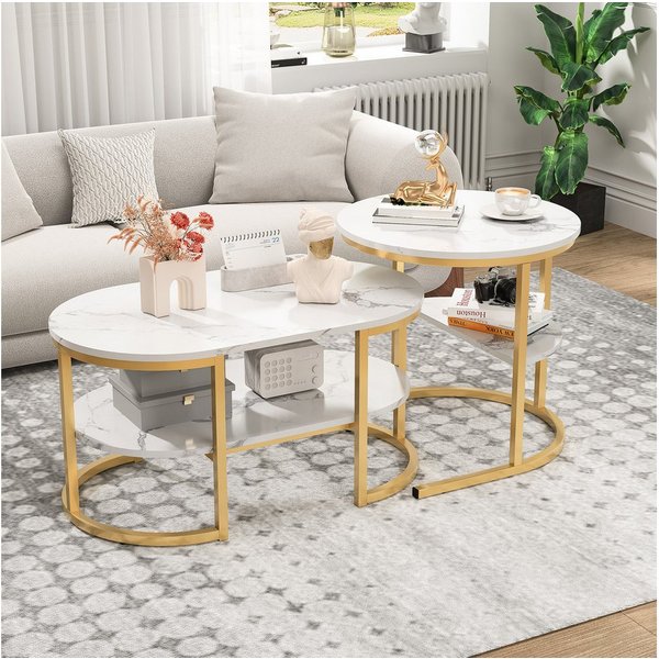 PXloue Couchtisch rund (2-St., Platzsparendes stapelbares Design), Marmormuster Beistelltisch mit Ablageboden,80x46x41cm+Ø52x51cm