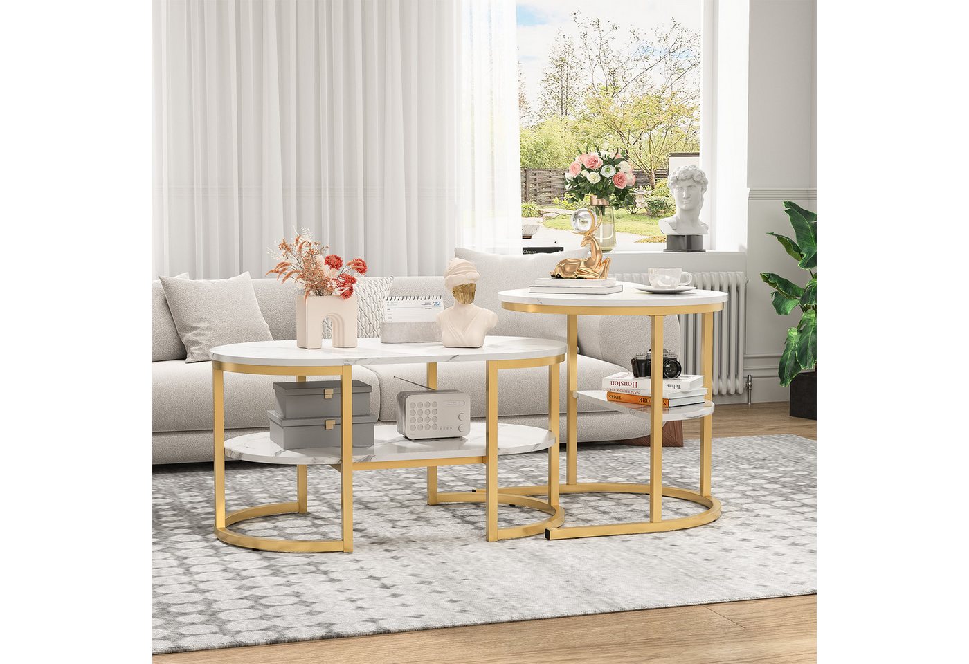 PXloue Couchtisch rund (2-St., Platzsparendes stapelbares Design), Marmormuster Beistelltisch mit Ablageboden,80x46x41cm+Ø52x51cm – Bild 2 von 5