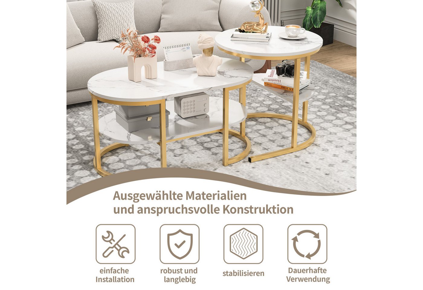 PXloue Couchtisch rund (2-St., Platzsparendes stapelbares Design), Marmormuster Beistelltisch mit Ablageboden,80x46x41cm+Ø52x51cm – Bild 3 von 5