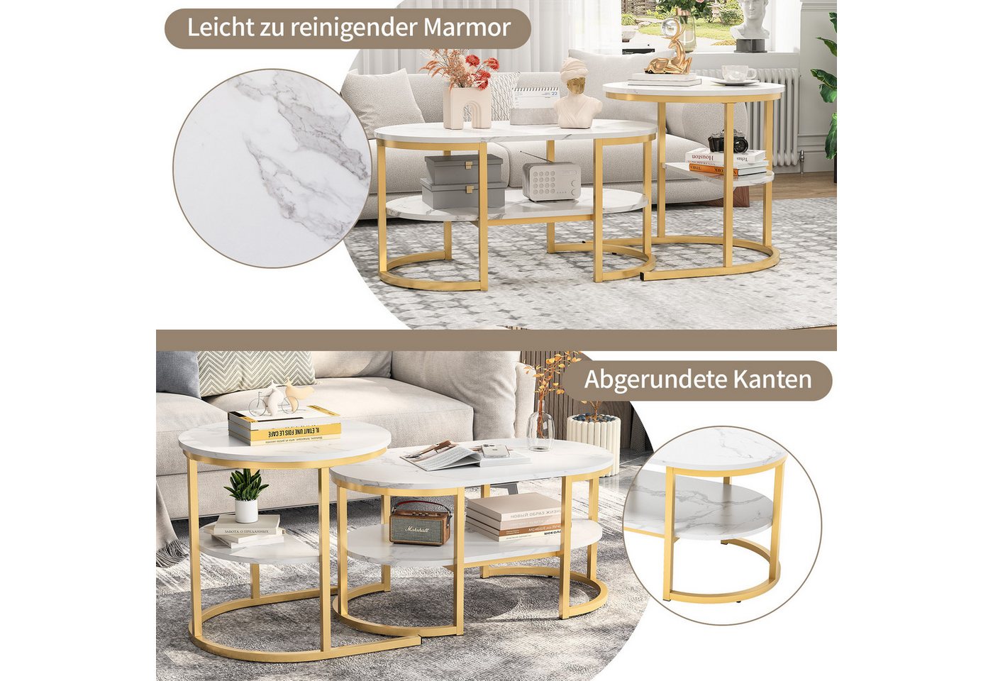 PXloue Couchtisch rund (2-St., Platzsparendes stapelbares Design), Marmormuster Beistelltisch mit Ablageboden,80x46x41cm+Ø52x51cm – Bild 4 von 5