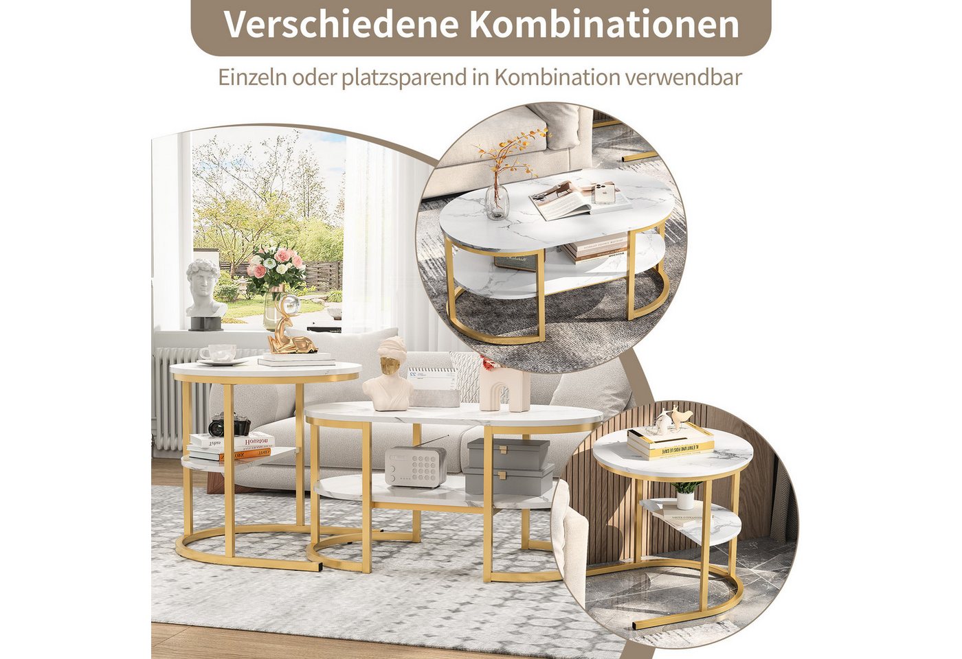 PXloue Couchtisch rund (2-St., Platzsparendes stapelbares Design), Marmormuster Beistelltisch mit Ablageboden,80x46x41cm+Ø52x51cm – Bild 5 von 5