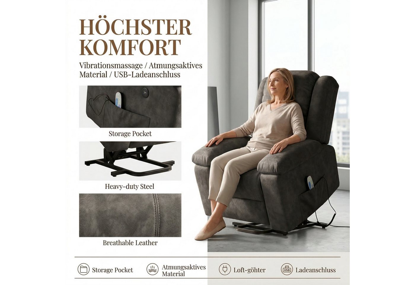 PXloue Massagesessel TV-Sessel Elektrisch Massage Relaxsessel Schlafsessel Fernsehsessel (inkl. Aufstehhilfe und Fernbedienung), mit Liegefunktion Massagefunkti – Bild 3 von 5