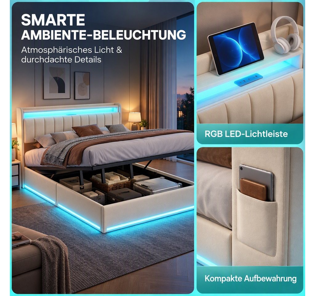 PXloue Polsterbett LED Doppelbett, Bettkasten, Ladefunktion, Samt, 140x200 cm – Bild 4 von 5