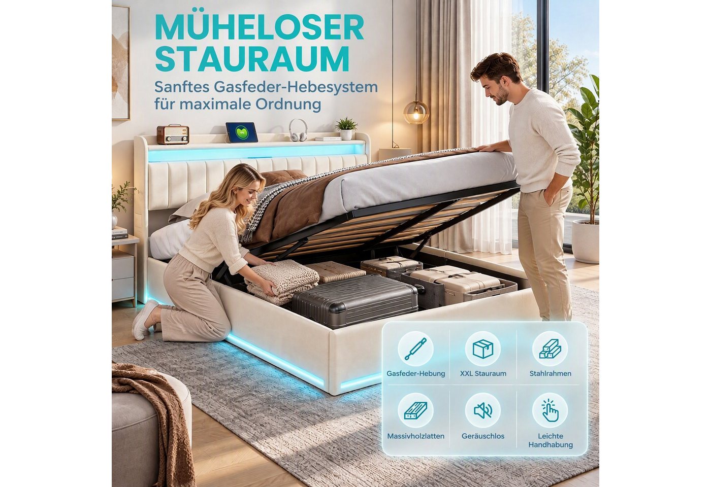 PXloue Polsterbett LED Doppelbett, Bettkasten, Ladefunktion, Samt, 140x200 cm – Bild 5 von 5