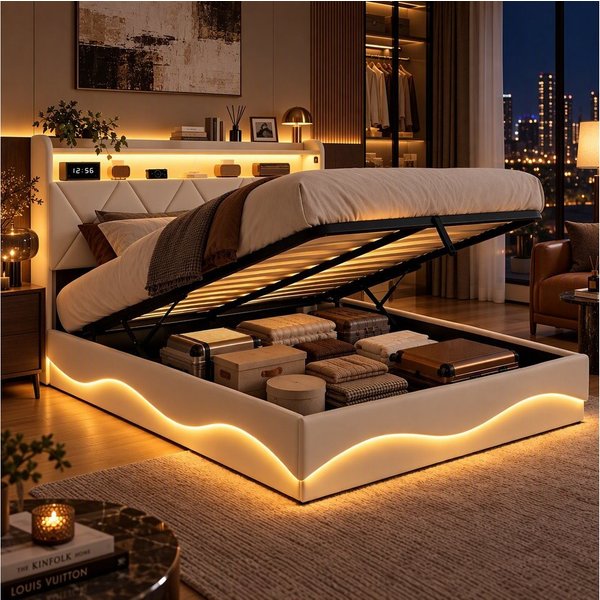 PXloue Polsterbett LED Doppelbett, Bettkasten, Ladefunktion, Samt, 140x200 cm