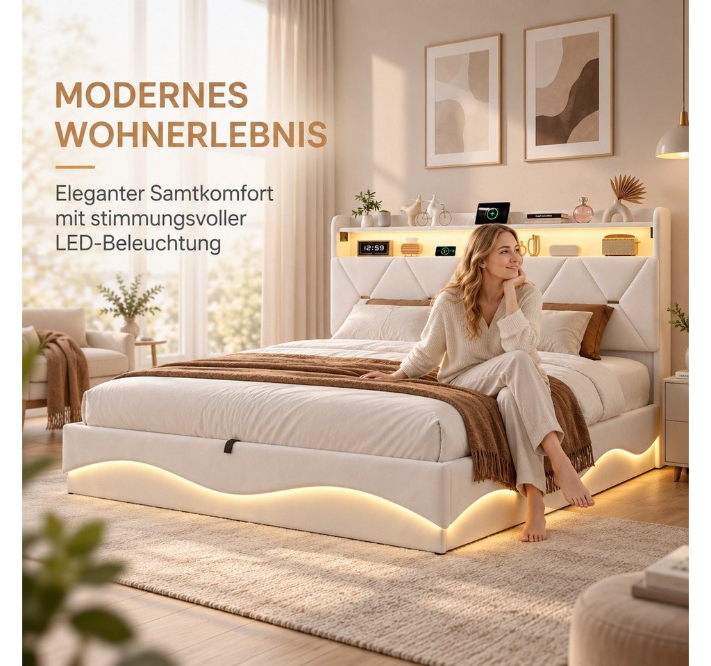 PXloue Polsterbett LED Doppelbett, Bettkasten, Ladefunktion, Samt, 140x200 cm – Bild 2 von 5