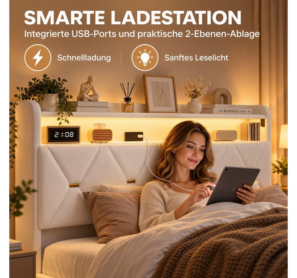 PXloue Polsterbett LED Doppelbett, Bettkasten, Ladefunktion, Samt, 140x200 cm – Bild 5 von 5