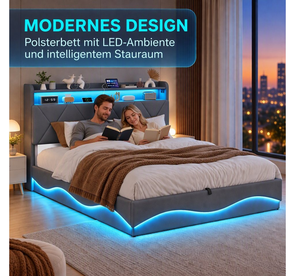 PXloue Polsterbett LED Doppelbett, Bettkasten, Ladefunktion, Samt, 160x200 cm – Bild 4 von 5