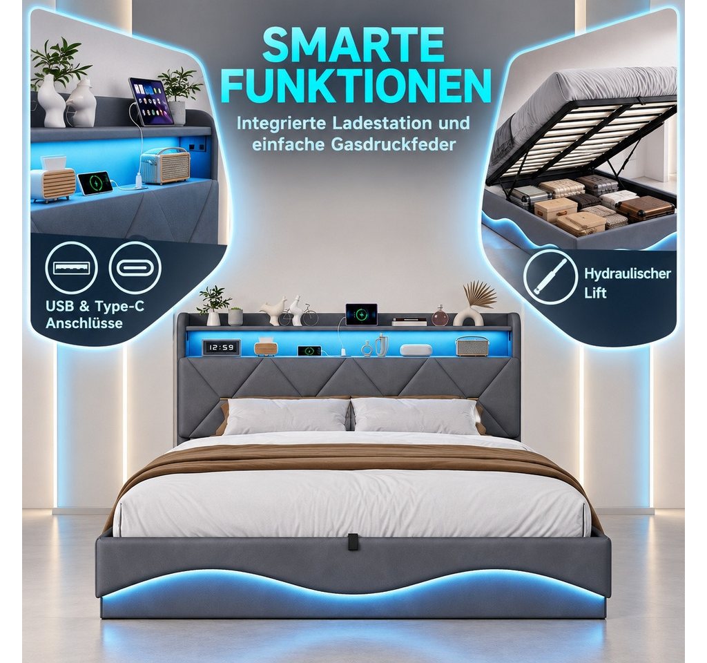 PXloue Polsterbett LED Doppelbett, Bettkasten, Ladefunktion, Samt, 160x200 cm – Bild 5 von 5