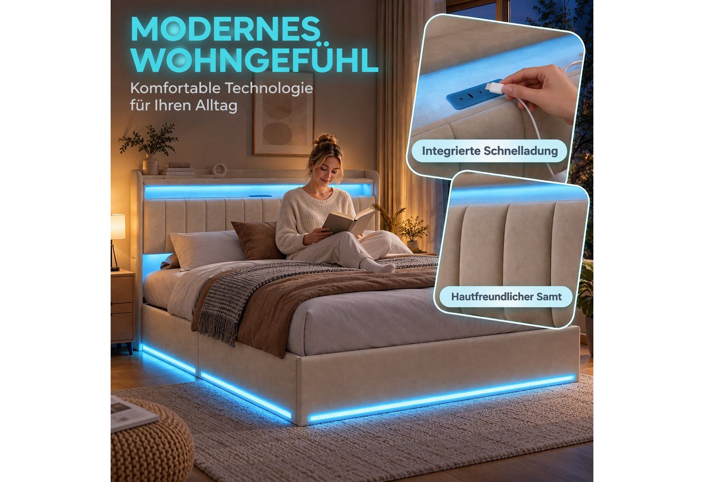 PXloue Polsterbett LED Doppelbett, Bettkasten, Ladefunktion, Samt, 160x200 cm – Bild 3 von 5