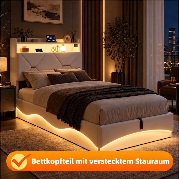 PXloue Polsterbett LED Doppelbett, Einzelbett, Bettkasten, Ladefunktion, Samt, 90x200 cm