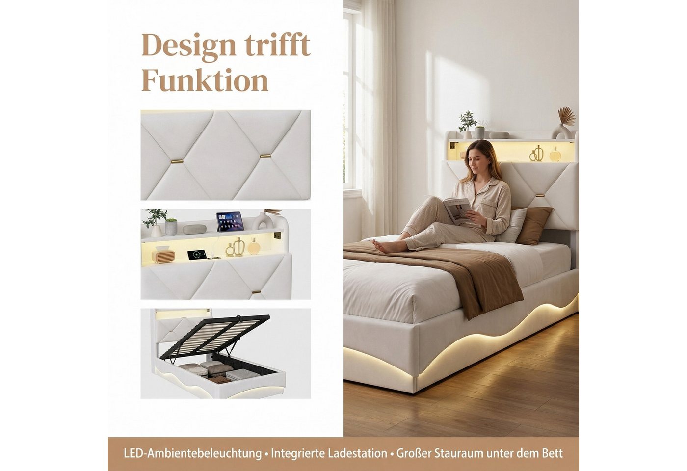 PXloue Polsterbett LED Doppelbett, Einzelbett, Bettkasten, Ladefunktion, Samt, 90x200 cm – Bild 3 von 5