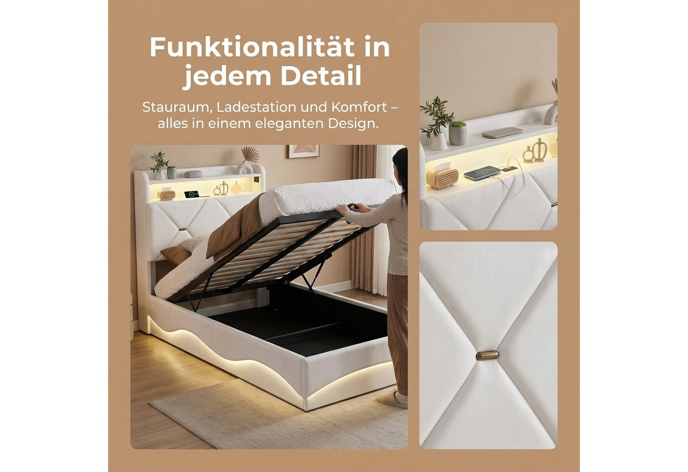 PXloue Polsterbett LED Doppelbett, Einzelbett, Bettkasten, Ladefunktion, Samt, 90x200 cm – Bild 5 von 5