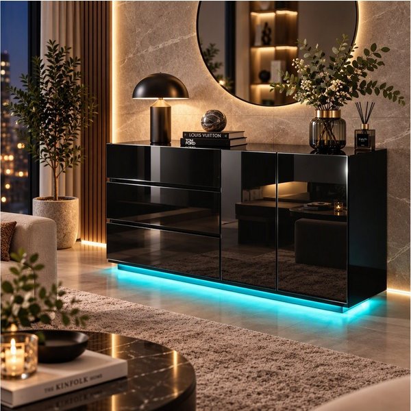 PXloue Sideboard Hochglanz Kommode( LED-Ambientebeleuchtung) , Modernes Sideboard mit 3 Schubladen und 2 Fächern, Breite 160 cm
