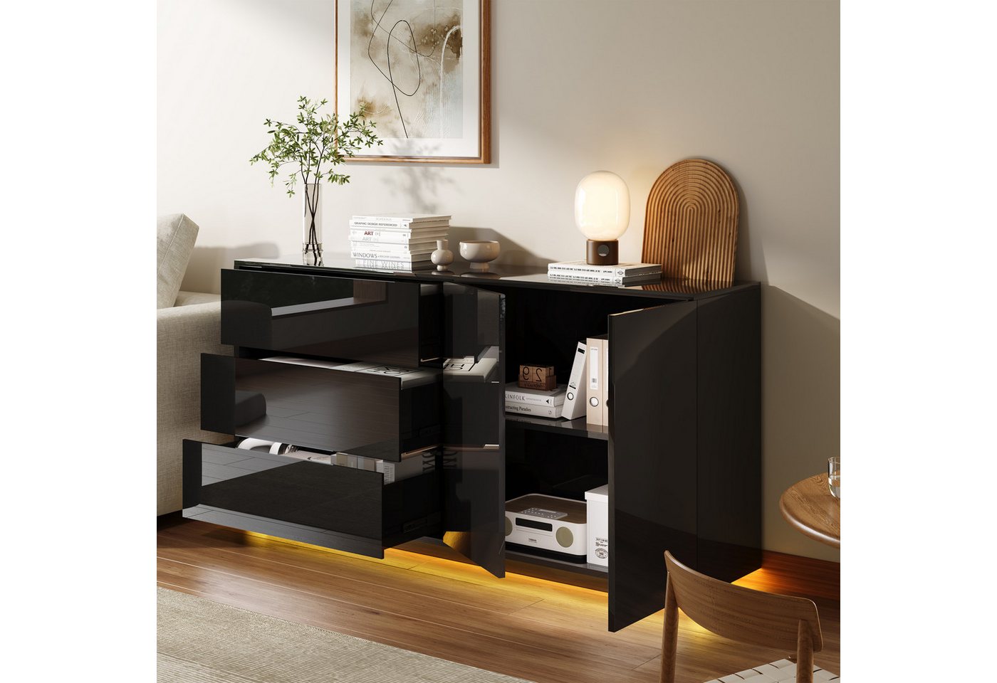 PXloue Sideboard Hochglanz Kommode( LED-Ambientebeleuchtung) , Modernes Sideboard mit 3 Schubladen und 2 Fächern, Breite 160 cm – Bild 2 von 5