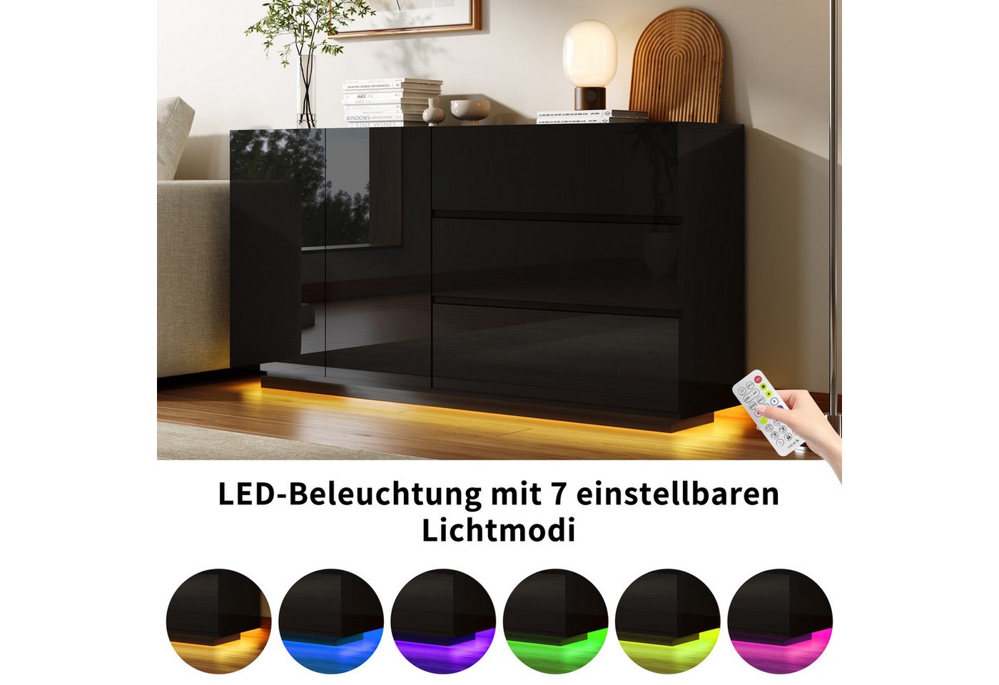 PXloue Sideboard Hochglanz Kommode( LED-Ambientebeleuchtung) , Modernes Sideboard mit 3 Schubladen und 2 Fächern, Breite 160 cm – Bild 3 von 5