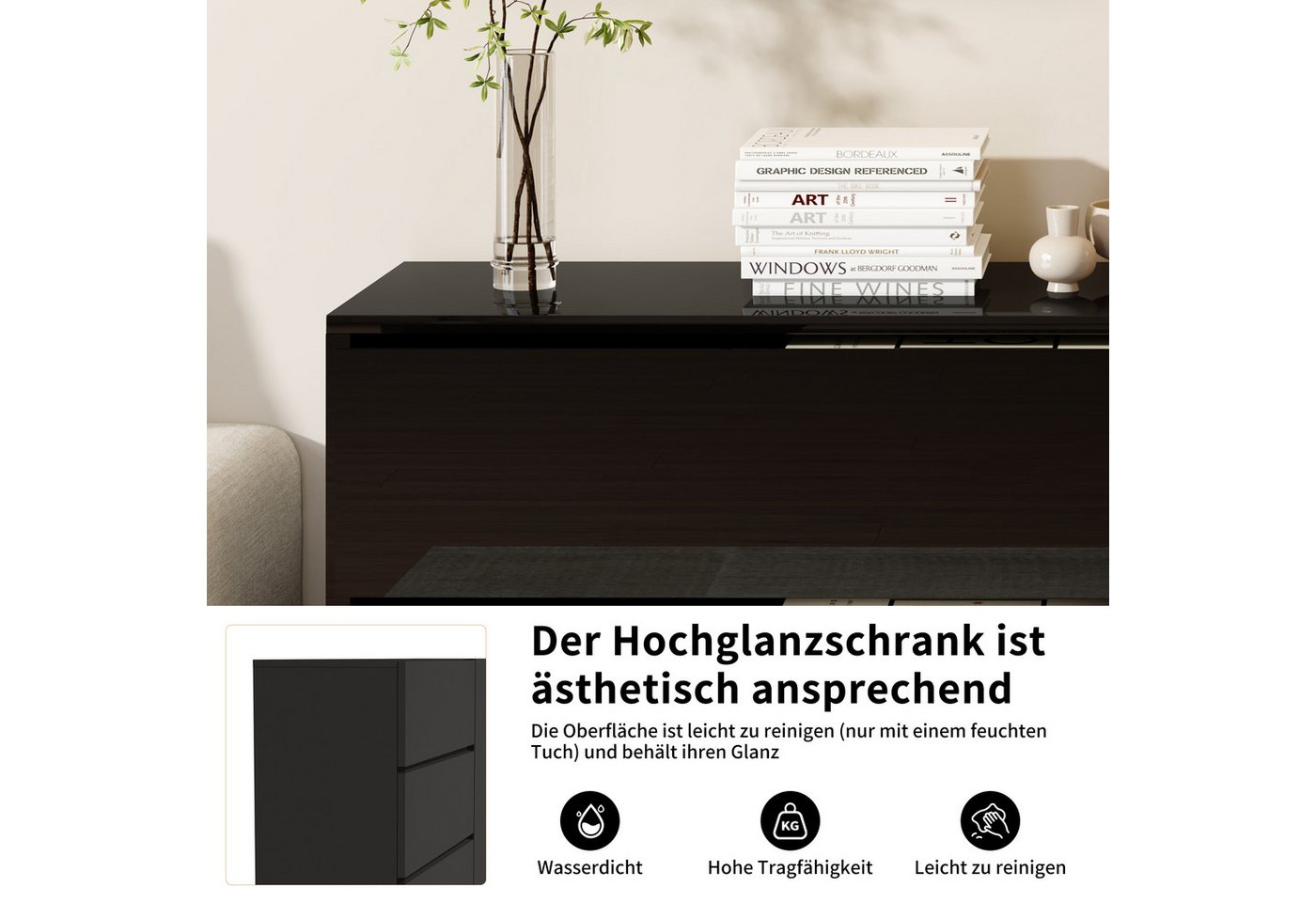 PXloue Sideboard Hochglanz Kommode( LED-Ambientebeleuchtung) , Modernes Sideboard mit 3 Schubladen und 2 Fächern, Breite 160 cm – Bild 4 von 5