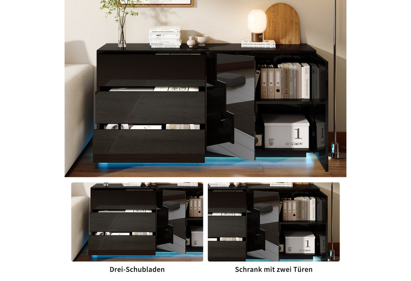 PXloue Sideboard Hochglanz Kommode( LED-Ambientebeleuchtung) , Modernes Sideboard mit 3 Schubladen und 2 Fächern, Breite 160 cm – Bild 5 von 5