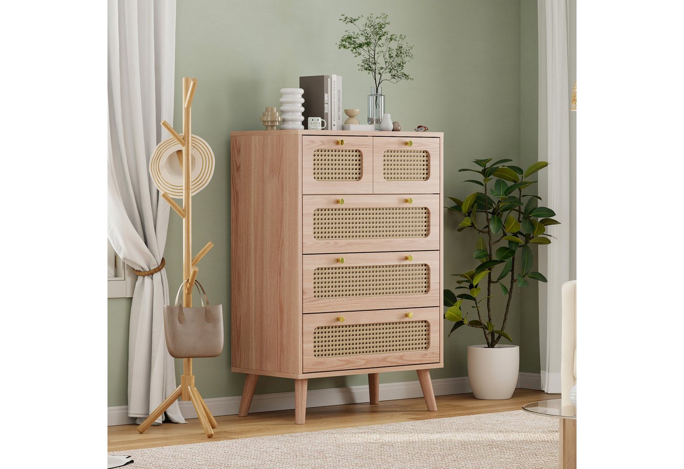 PXloue Sideboard Kommode mit Schubladen Mehrzweckschrank aus Holz, Hoch Sideboard,4 Holzstützbeine sorgen, 91x60x34 cm – Bild 2 von 5