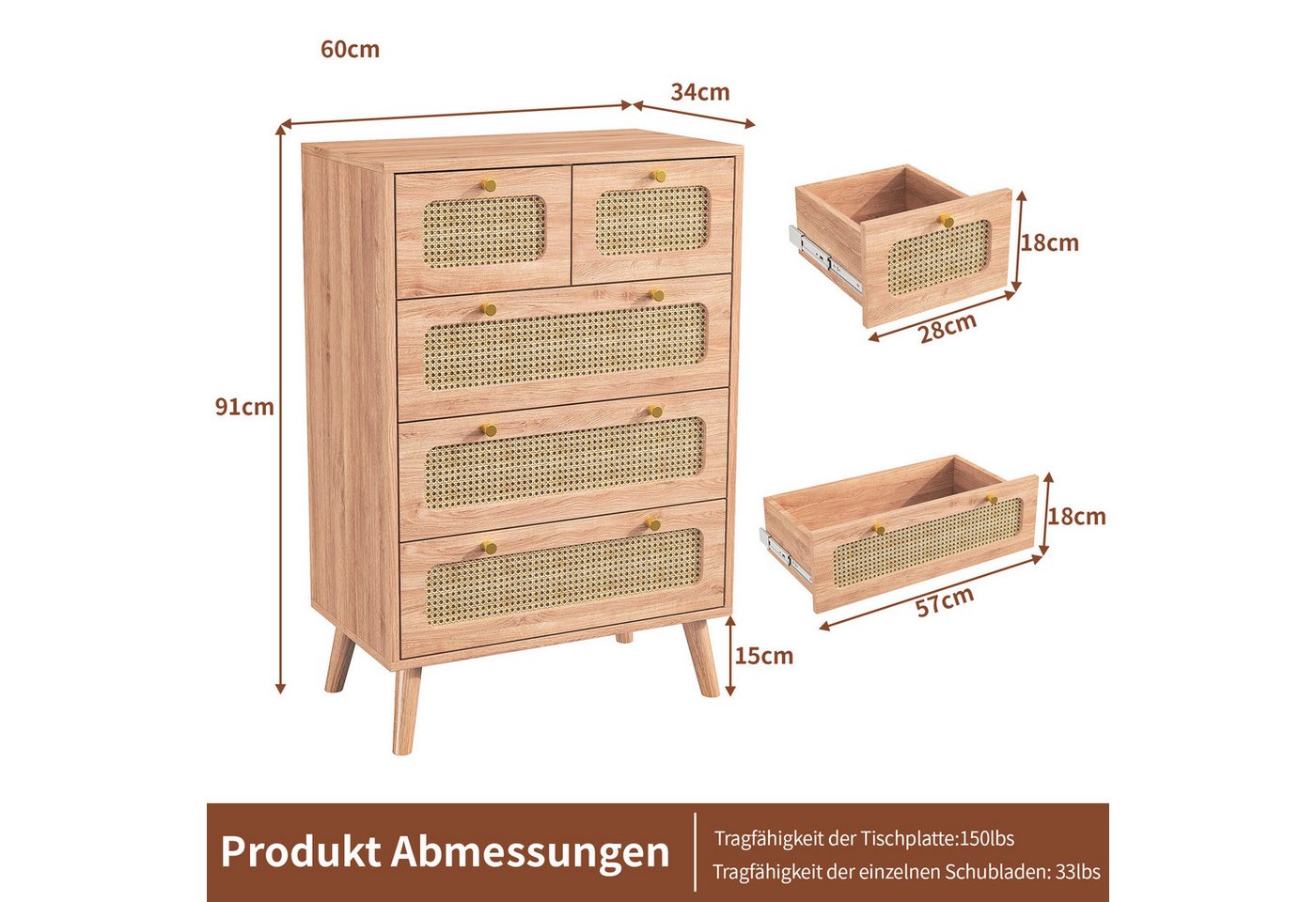 PXloue Sideboard Kommode mit Schubladen Mehrzweckschrank aus Holz, Hoch Sideboard,4 Holzstützbeine sorgen, 91x60x34 cm – Bild 4 von 5