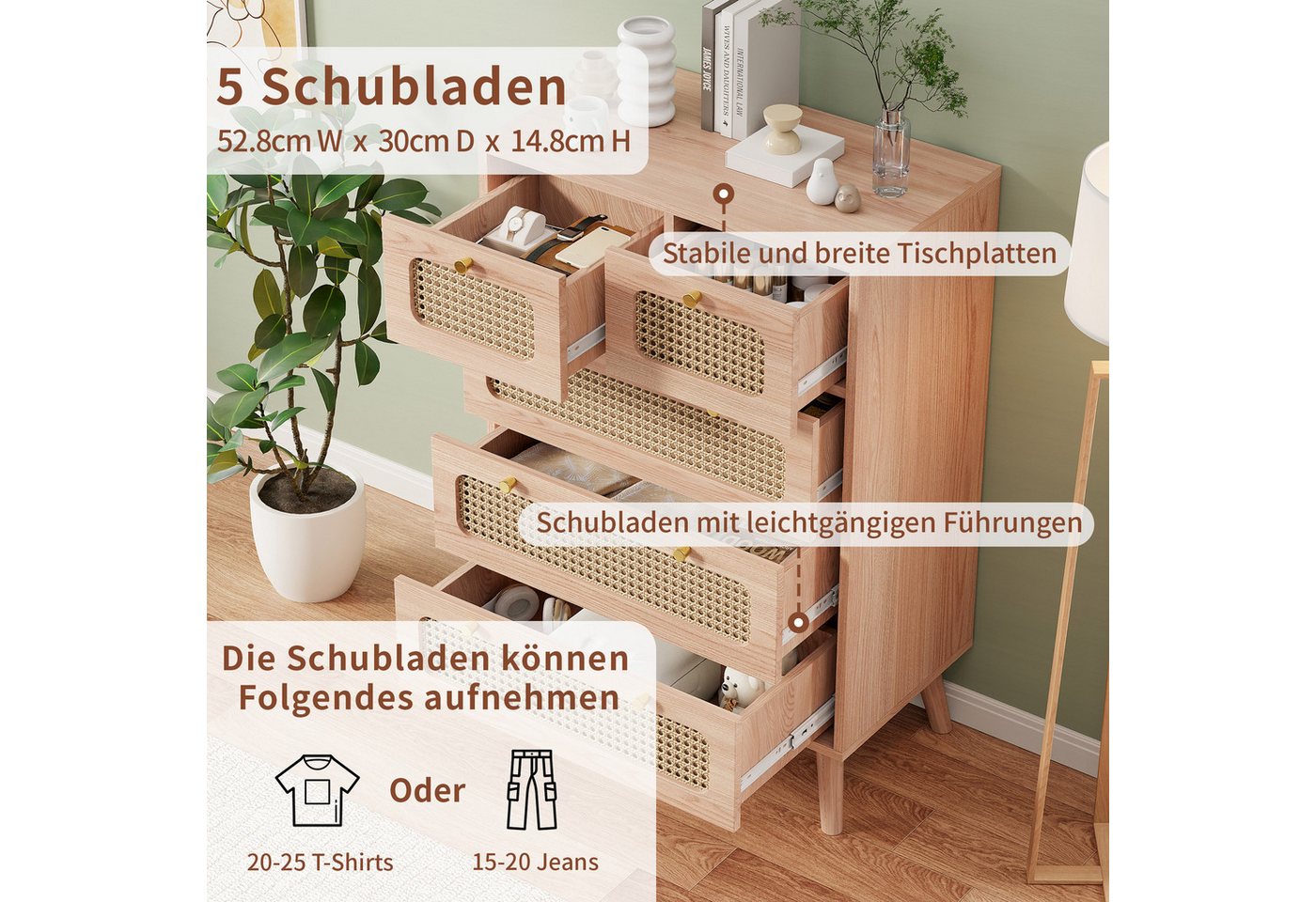 PXloue Sideboard Kommode mit Schubladen Mehrzweckschrank aus Holz, Hoch Sideboard,4 Holzstützbeine sorgen, 91x60x34 cm – Bild 5 von 5