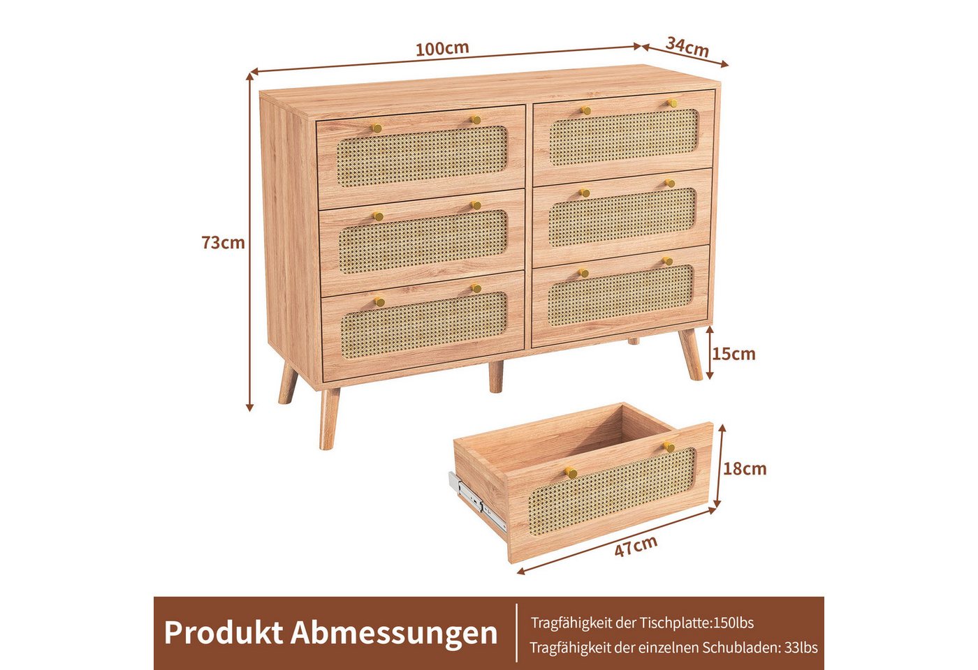 PXloue Sideboard Schrank Kommode Kredenz Rattan Küchenschrank (Set, 1 tlg), Moderne 100cm breite, Rattan Schubladenfronten, vielseitig einsetzbar – Bild 2 von 5