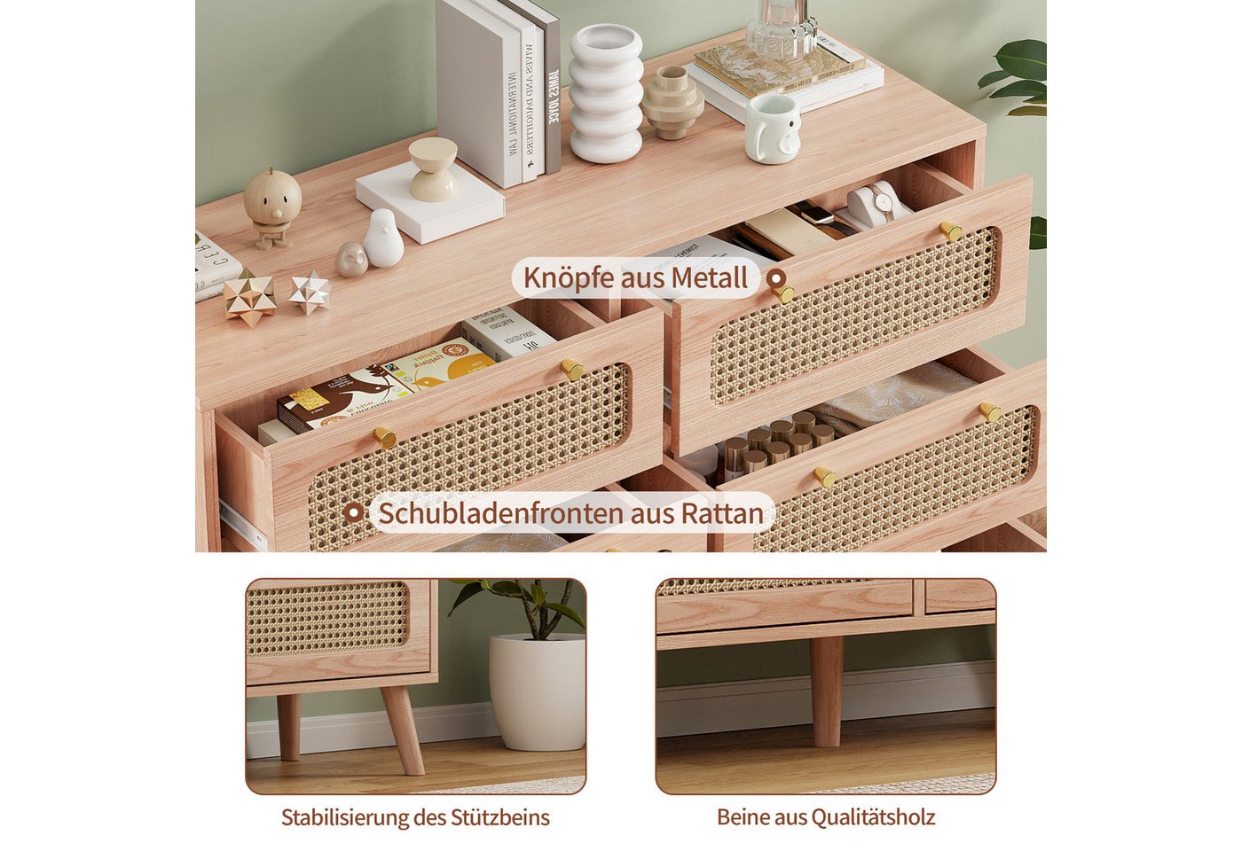 PXloue Sideboard Schrank Kommode Kredenz Rattan Küchenschrank (Set, 1 tlg), Moderne 100cm breite, Rattan Schubladenfronten, vielseitig einsetzbar – Bild 3 von 5