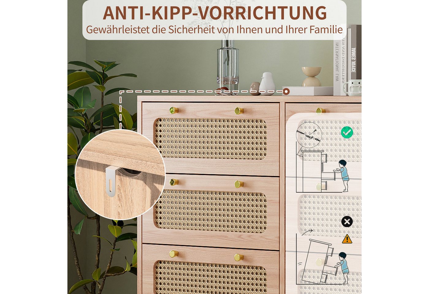 PXloue Sideboard Schrank Kommode Kredenz Rattan Küchenschrank (Set, 1 tlg), Moderne 100cm breite, Rattan Schubladenfronten, vielseitig einsetzbar – Bild 4 von 5