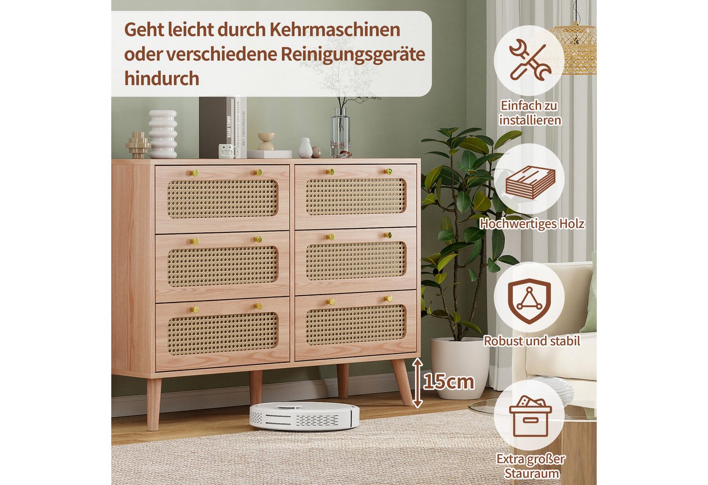 PXloue Sideboard Schrank Kommode Kredenz Rattan Küchenschrank (Set, 1 tlg), Moderne 100cm breite, Rattan Schubladenfronten, vielseitig einsetzbar – Bild 5 von 5